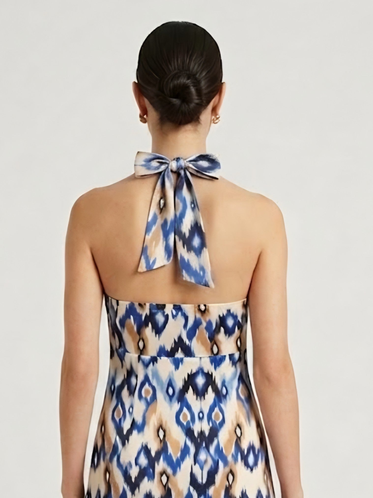 Blue & Beige Ikat Print Halter Neck Midi Dress One Piece