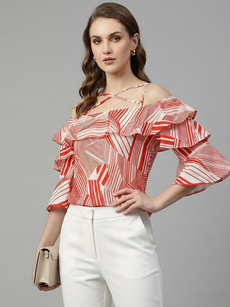 Cold-Shoulder Tiered Ruffle Blouse in Red Abstract Stripe top