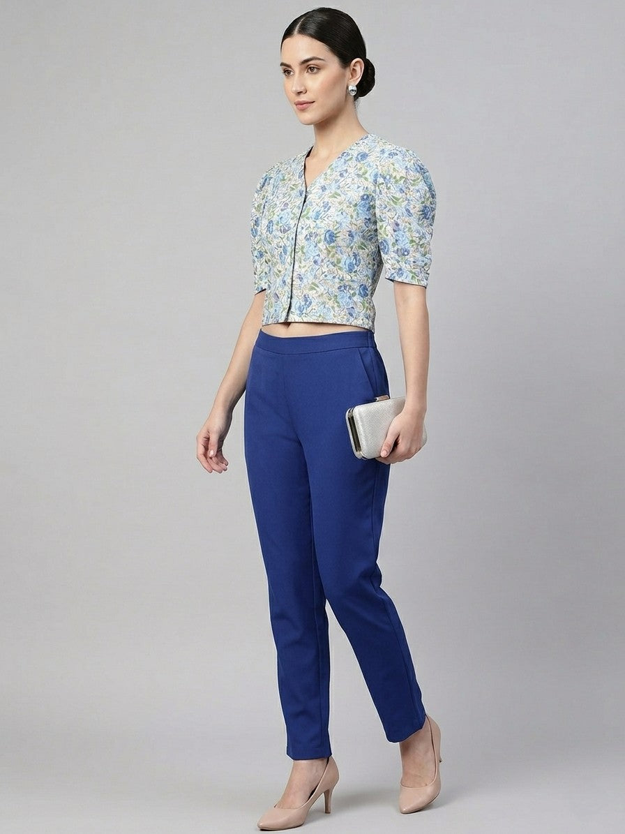 Blue Floral Print Crop Shirt Top with Puff Sleeves