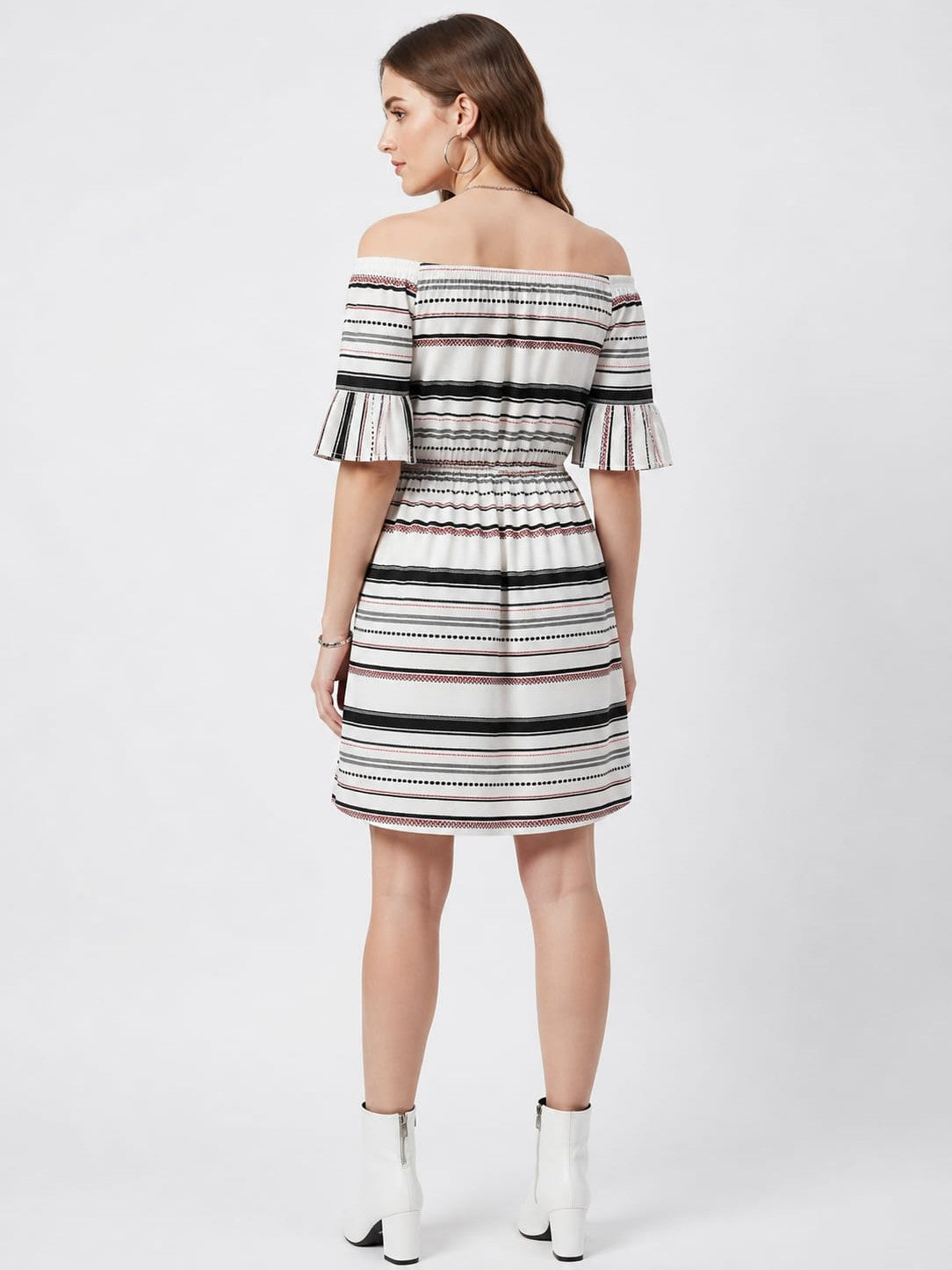 Off-Shoulder Striped Fit & Flare Mini Dress One Piece