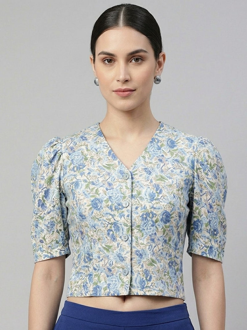 Blue Floral Print Crop Shirt Top with Puff Sleeves