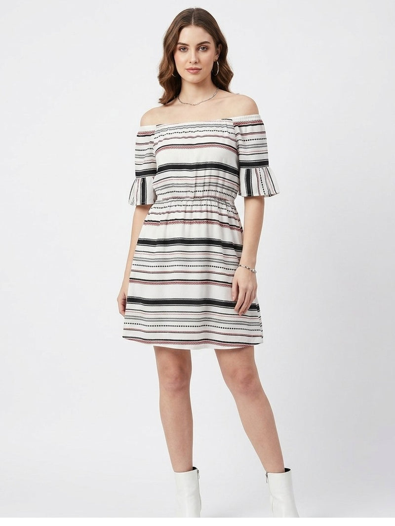 Off-Shoulder Striped Fit & Flare Mini Dress One Piece