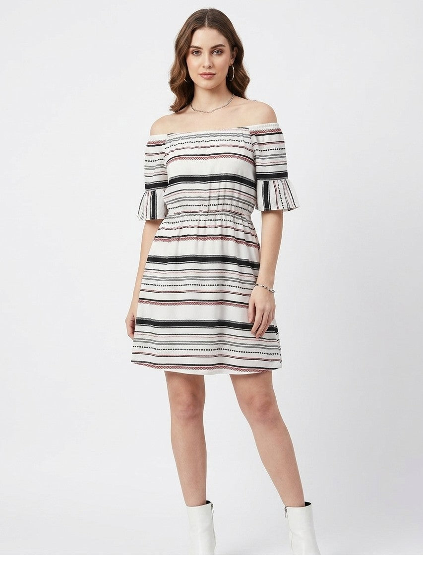 Off-Shoulder Striped Fit & Flare Mini Dress One Piece