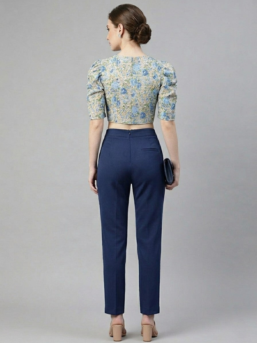 Blue Floral Print Crop Shirt Top with Puff Sleeves
