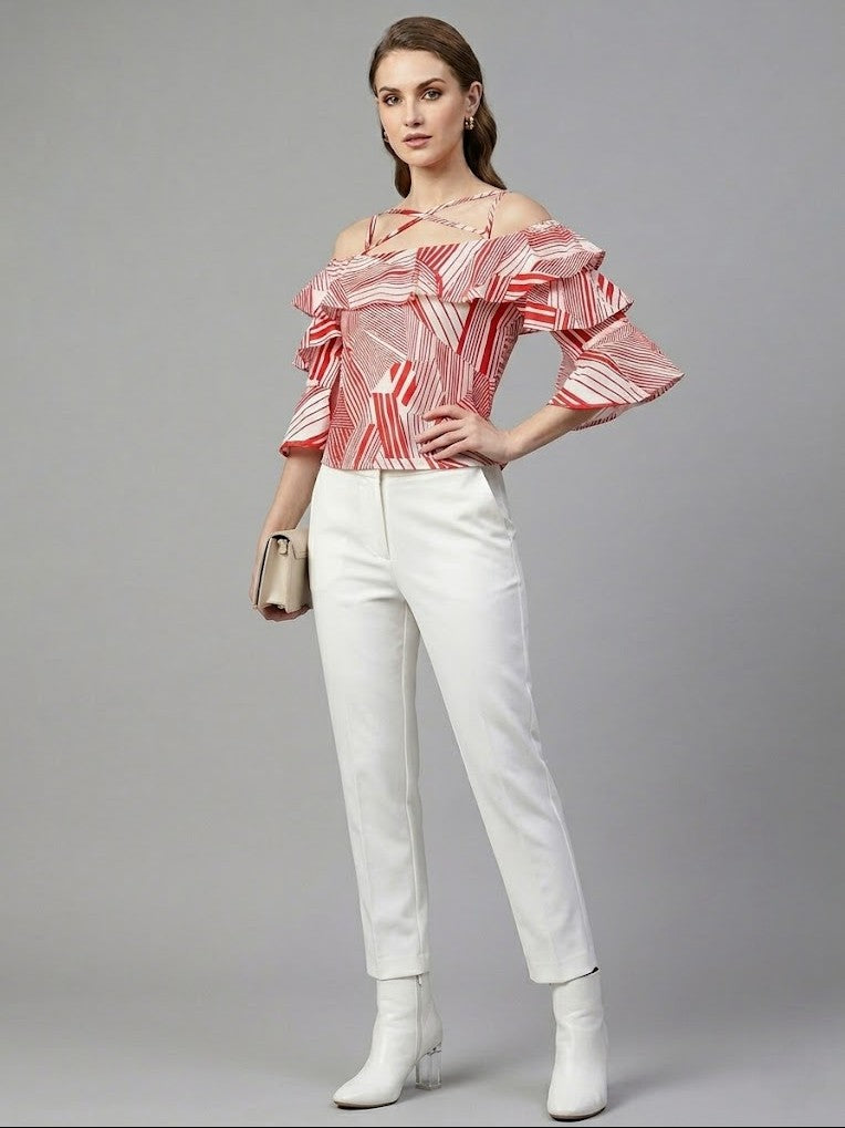Cold-Shoulder Tiered Ruffle Blouse in Red Abstract Stripe top